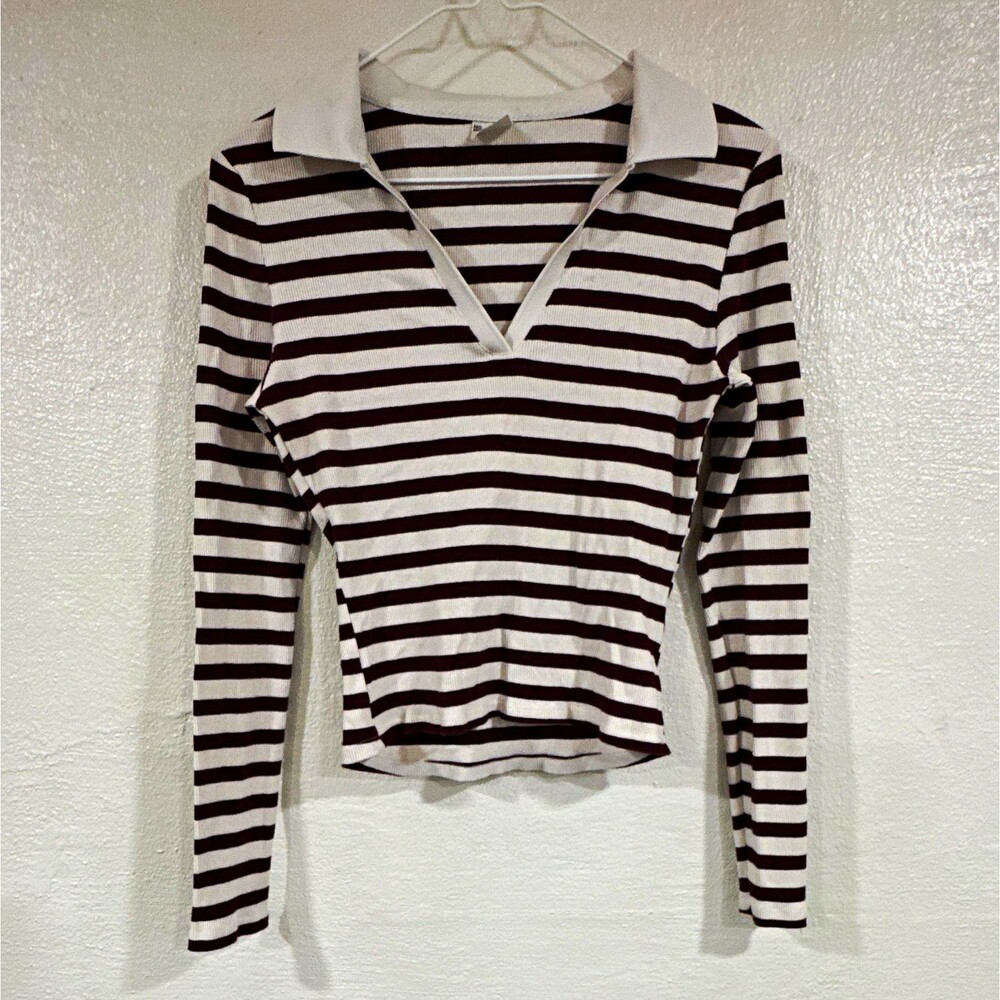 No Boundaries Womens White/Burgundy Striped Knit Collared Pullover Top M 8-10